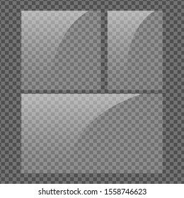 Square, vertical and 16x9 panel. Glass plate set on transparent background. Clear glass showcase. Realistic window mockup. Reflecting rectangle glass banner. Stock vector illustration