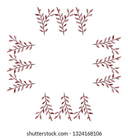 Square with vertical red and pink leaves on a branch. Vector on white background for your design. 
