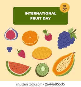 Square vibrant banner for International Fruit Day with cartoon illustration of summertime tropical fruit. Colourful holiday poster, template for website, social media with grape, mango, papaya.