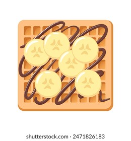 Square Viennese waffle with banana pieces and chocolate topping. Healthy breakfast. Delicious soft sweets, realistic isolated food vector illustration. For menu, cafe, stickers, design elements.
