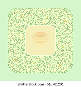 A square vignette with curls for a notebook or book. Lace ornament with ornate lines
And drop-shaped elements. Stylized vegetative pattern in light green color.