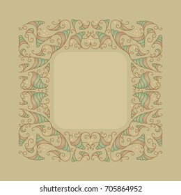 A square vignette with an ornament of curls and twisted leaves on a brownish background. Stylized plant with small white flowers.