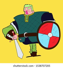 Square viking warrior with his sword and shield