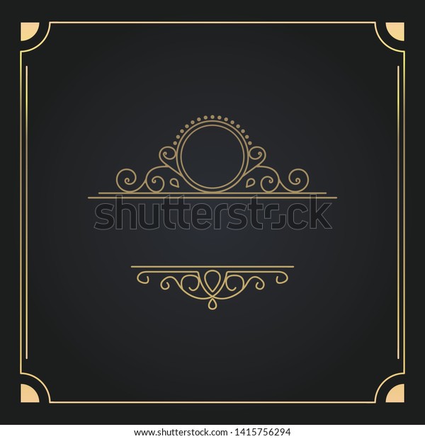 Square Vinrage Frame in\
gold color with a floral ornament and place for text. Square\
vintage patterned frame with an ornament inside for text on a\
black-gray background