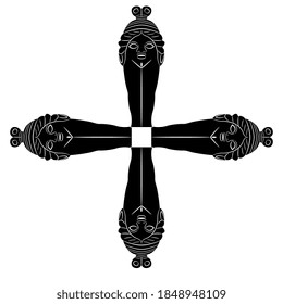 Square vintage decor. Cross made of four female figurine. Ancient Greek goddess Baubo. Black and white silhouette.