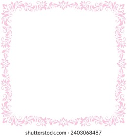Square vintage frame, border of pink stylized leaves, flowers and curls on white background. Vector delicate backdrop, wallpaper