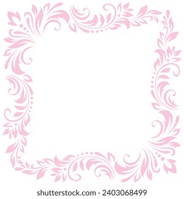 Square vintage frame, border of pink stylized leaves, flowers and curls on white background. Vector delicate backdrop, wallpaper