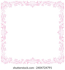 Square vintage frame, border of pink stylized leaves, flowers and curls on white background. Vector delicate backdrop, wallpaper