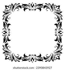 Square vintage frame, border of stylized leaves, flowers and curls in black lines on white background. Vector backdrop, wallpaper