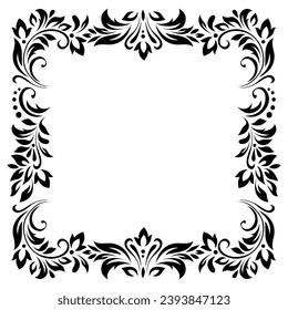 Square vintage frame, border of stylized leaves, flowers and curls in black lines on white background. Vector backdrop, wallpaper