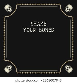 Square vintage frame with chamfered corners made of bones, half human skull. Layout, template with copy space, copy text. For Halloween, Dia de los Muertos holiday decoration. Gothic vintage style