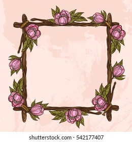 Square vintage frame made of branches with lush flowers. Decorative element for design work in the boho style.