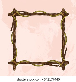 Square vintage frame made of branches. Decorative element for design work in the boho style.