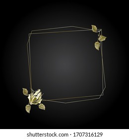 
Square vintage frame. Vector illustration with hand-drawn gold roses, leaves on a black background. Use for decoration greeting cards, invitations, etc.