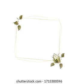 Marco vintage cuadrado. Ilustración vectorial con rosas de oro dibujadas a mano, hojas sobre fondo blanco. Utilícelo para decorar tarjetas de felicitación, invitaciones, etc.