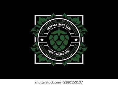 Square Vintage Hops Flower Badge Emblem Label for Craft Beer Brewing Brewery Logo Design