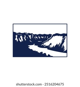 Square Vintage Retro Rocky Canyon Ravine with River Creek Illustration for Outdoor Adventure T Shirt Design Vector