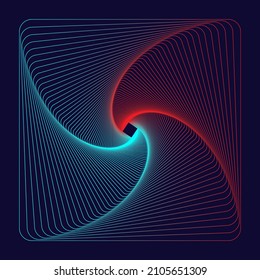 Square vortex line art style. Centered moving spiral lines. Neon effects background.