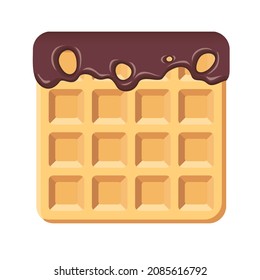 Square waffle with dripping chocolate. Vector clipart.