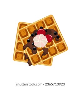 Square waffles with cream and berry topping. Fresh pastries for breakfast or snacks. Vector illustration