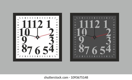Square wall clock. White and black. isolated on gray background