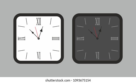 Square wall clock. White and black. isolated on gray background
