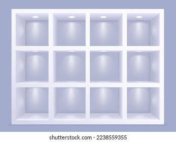 Square wall shelves with lighting. Grid cell showcase shelving with decorative lamps, empty library shelf or furniture vector background of shelf light empty illustration