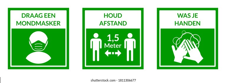 Square Warning Signs in Dutch Showing a Basic Set of Measures against the Spread of Covid-19 including Wear a Face Mask, Keep Your Distance 1,5 Meters and Wash Your Hands. Vector Image.