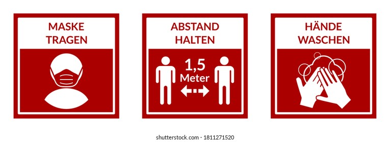 Quadratische Warnschilder auf Deutsch, die eine Reihe grundlegender Maßnahmen gegen die Ausbreitung von Covid-19 zeigen, darunter eine Gesichtsmaske tragen, 1,5 Meter weit halten und die Hände waschen. Vektorbild.