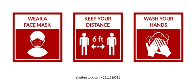 Square Warning Signs Showing a Basic Set of Measures against the Spread of Coronavirus Covid-19 including Wear a Face Mask, Keep Your Distance 6 ft or 6 Feet and Wash Your Hands. Vector Image.