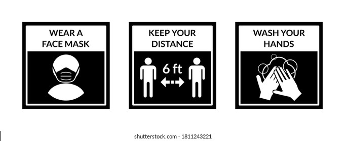 Señales de advertencia cuadradas que muestran un conjunto básico de medidas contra la propagación del Coronavirus Covid-19, que incluye el uso de una máscara facial, la conservación de la distancia de 2 pies o 6 pies y el lavado de las manos. Imagen vectorial.