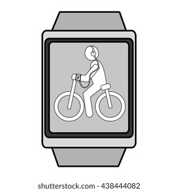 square watch with cartoon human riding a bike with headphones side view over isolated background,vector illustration
