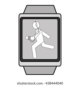 square watch with cartoon human running with headphones side view over isolated background,vector illustration