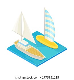 Square Water Area with Yacht as Beach Vacation Isometric Vector Illustration