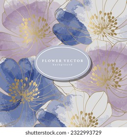 Square watercolor floral background with golden flowers. Delicate background for decor, covers, wallpapers, postcards and presentations. Background for text and photo