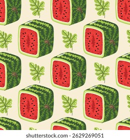 Square Watermelon Half Seamless Pattern. Flat Vector Geometric Fruit Design for Juice Packaging, Kitchen Decor, Hipster Logos, Modern Wallpaper. Fresh Style