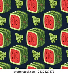 Square Watermelon Half Seamless Pattern. Flat Vector Geometric Fruit Design for Juice Packaging, Kitchen Decor, Hipster Logos, Modern Wallpaper. Fresh Style