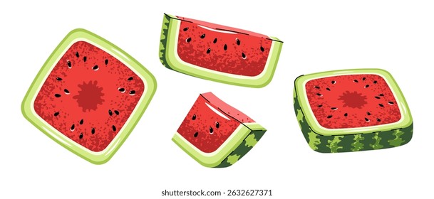 Square watermelon pieces collection isolated on white. Flat design vector set of geometric fruit chunks and slices. Perfect for logos, stickers, packaging, summer branding, labels, kitchen decor