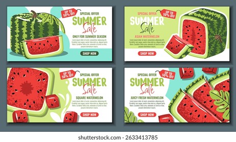 Square Watermelon Sale Banners Set, Asian Inspired Fruit with Slices, Flat Design Horizontal Templates. Summer Promotion Backgrounds for Food Market, Ad, Social Media, Store, Supermarket, Online Shop