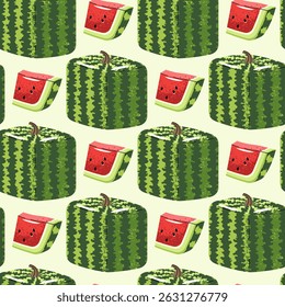 Square Watermelon Seamless Pattern. Flat Design Geometric Fruit Repeat. Ideal for Modern Textiles, Packaging, Wallpaper, Digital Backgrounds. Minimalist Vector Illustration