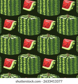 Square Watermelon Seamless Pattern. Flat Design Geometric Fruit Repeat. Ideal for Modern Textiles, Packaging, Wallpaper, Digital Backgrounds. Minimalist Vector Illustration