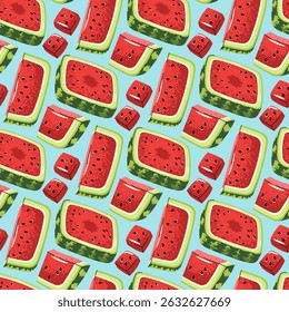 Square Watermelon Slice Seamless Pattern. Flat Design Cut Fruit Repeat. Perfect for Modern Kitchen Textiles, Food Packaging, Wall Art, Digital Backgrounds. Minimalist Vector Illustration