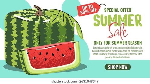 Square Watermelon Summer Sale Banner, Flat Design Horizontal Promo Template. Unique Asian Fruit Concept for Seasonal Discounts, Food Marketing. Perfect for Social Media Ads, Grocery Promotions