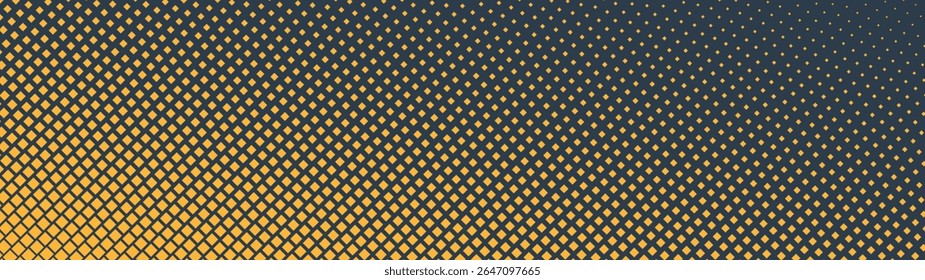 Square wavy grid halftone pattern faded gradient ultra wide 32:9 aspect ratio vector yellow black abstract background. Half tone graphic texture panoramic ultrawide format retro futuristic abstraction