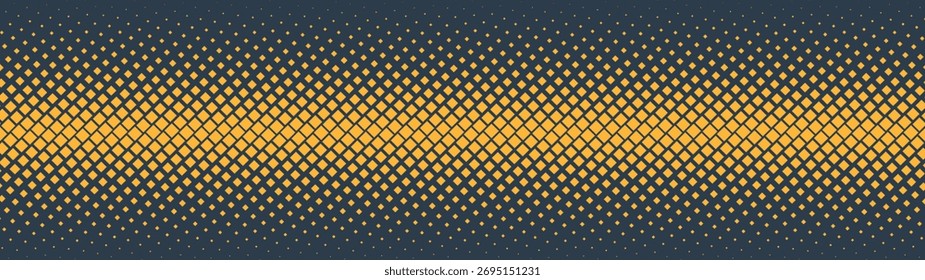 Square wavy grid halftone pattern horizontal straight border ultra wide 32:9 aspect ratio vector yellow black abstract background. Half tone graphic texture panoramic format retro futuristic backdrop