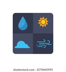 Square weather symbols display various conditions, suitable for weather forecast graphics, apps, websites, and educational materials.