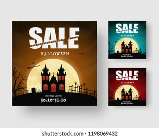 Square web banner design for Halloween sale with dark castle on the hill and dissected text. Patterns with orange, red and blue sky.