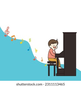Square Web Banner Illustration of  Boy Enjoy Playing The Piano