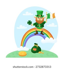 Square web banner for Saint Patricks Day. Cute leprechaun and rainbow. Holiday greeting card. Hand drawn vector illustration.