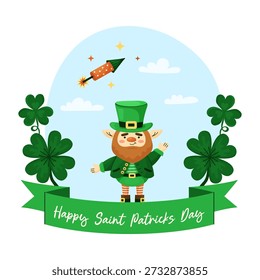 Square web banner for Saint Patricks Day. Cute leprechaun waves his hand in greeting. Holiday greeting card. Hand drawn vector illustration.